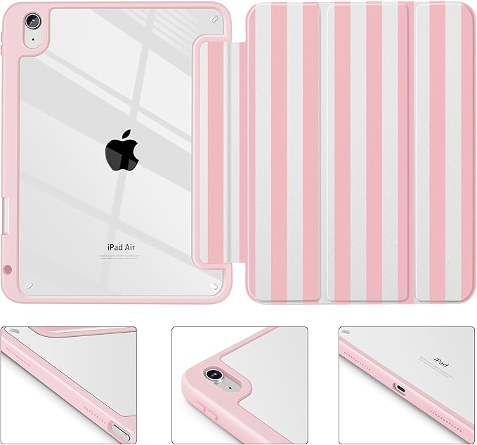 May Chen for iPad Air 11-inch M4/M3/M2 (2026/2025/2024) iPad Air 5th/4th 10.9 Inch - Shockproof Cover with Clear Back Shell &amp Penceil Holder Auto Wake/Sleep Stand Cover Pink Stripes
