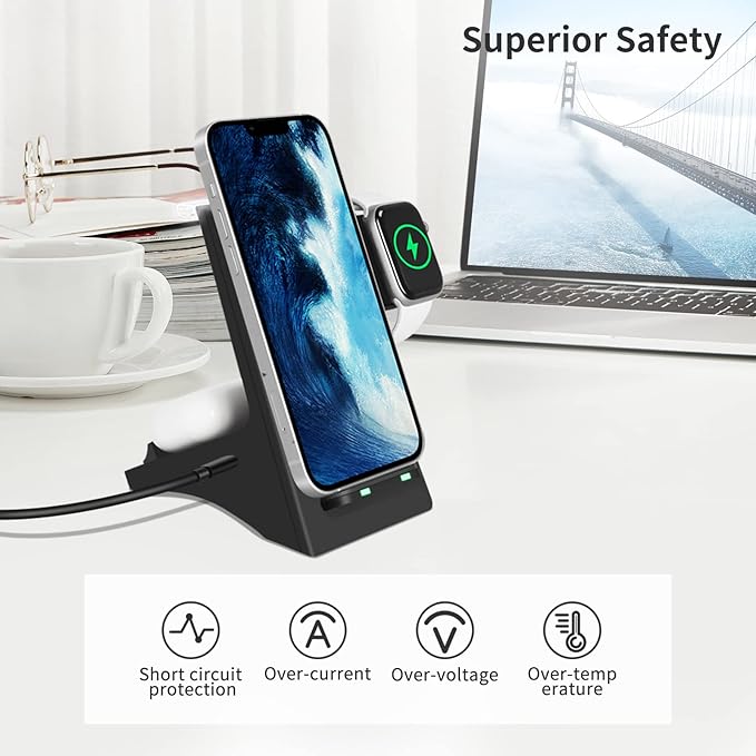 Wireless Charger 3 in 1 Wireless Fast Charging Stand Dock for Apple Watch 6/5/4/3/2 Airpods 2/Pro iPhone 13/13 Pro/13 Pro Max /12/11/Pro/Pro Max/X/Xr and Other Qi-Certified Phones-Black