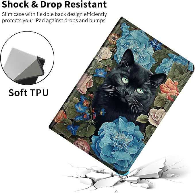 Blue Flowers Black Cat