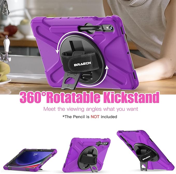 BRAECNstock for Samsung Galaxy Tab S10 Lite/ S10 FE/ S9 FE/ S9/ S8/ S7 5G Case 10.9/11 Shockproof Protective Kids Case with Pencil Holder Rotating Hand Strap &amp Stand Shoulder Strap Purple