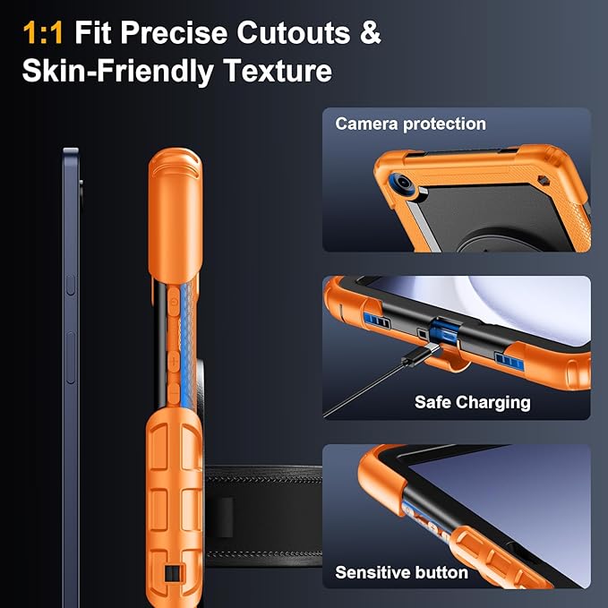 Case for Samsung Galaxy Tab A9+/A9 Plus 11 Inch 2023(SM-X210/X216/X218) Ubearkk Full-Body Drop Protection Case with Screen Protector 360° Rotating Stand and Hand/Shoulder Strap Orange