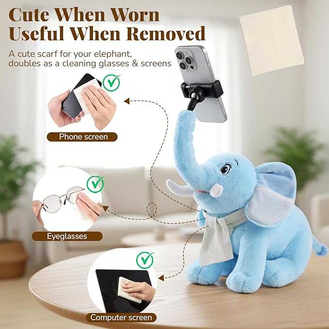 Phone Stand 360°Rotating Desk Phone Stand with 45°Adjustable Trunk Ear Pockets Glasses Cloth Scarf - Plush Phone Holder Back Fits Headphones Cell Phone Stand for desk Bed Sofa Car-Gray/Blue