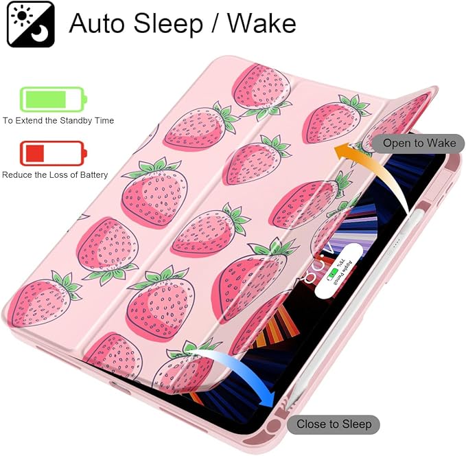 Case for iPad Air 11'' (M4 2026/M3 2025/M2 2024)/ iPad Air 10.9'' Air 5th /4th Gen Shockproof Cover with Clear Back Shell &amp Penceil Holder Auto Wake/Sleep Stand Cover Strawberries