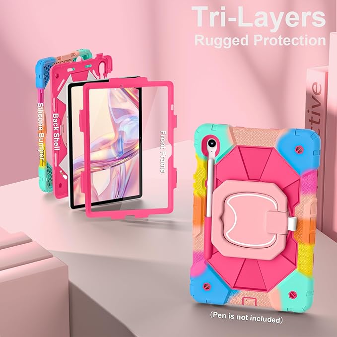 Case for Samsung Galaxy Tab S10 Lite/S10 FE/S9 FE 10.9 Inch Samsung Tab S9 11 Inch Rugged Galaxy S10 Tablet Cover with Pen Holder 360 Rotating Stand Shoulder Strap Screen Protector Rainbow