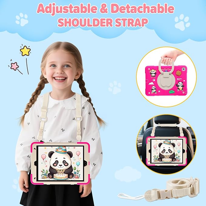 Case for iPad 9th/8th/7th GenerationCute 3D Cool Panda Warrior Design Cover with Screen Protector Rugged Protective Cartoon Case with Stand/Strap/Pen Slot for iPad 10.2 Kids Teens (Rose+White)