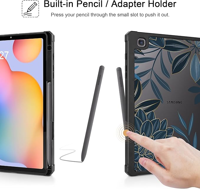 Tuiklol for Samsung Galaxy Tab S6 Lite 10.4 inch 2024 2022 2020Buit in S Pen Holder with Shockproof Protective Cover Clear Transparent Back Shell Auto Wake/Sleep Black Flower
