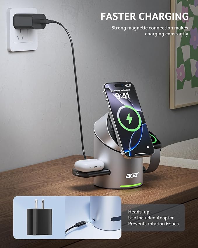 Acer Prime 3 in 1 Charging Station for Apple - Qi2 15W iPhone Wireless Charging Station Magsafe Charger Stand for iPhone 17 16 15 14 13 12 - Apple Watch - Airpods Series (Charger &amp USB-C Included