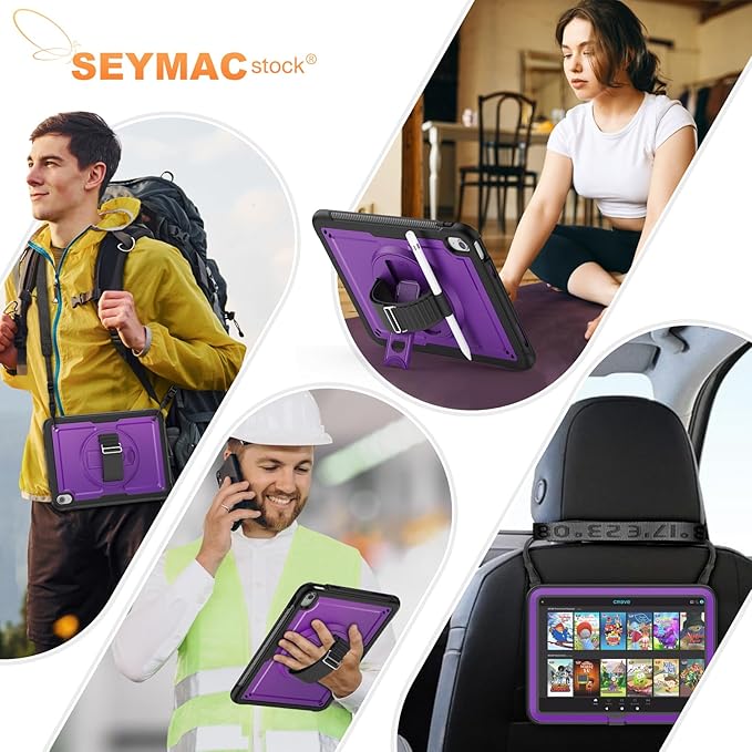 SEYMAC stock Case for iPad A16 11-inch Case 2025/ for iPad 11th/ 10th Generation 10.9'' 2022 Protective with Screen Protector Pen Holder Rotate Stand Loop Nylon Hand Strap Shoulder Strap Purple
