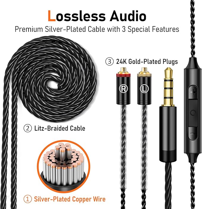 Vibes 202M Wired Earbuds - HiFi in Ear Monitor Headphones - Noise Isolating Ear Buds w/ Mic - Clear Sound Deep Bass &amp Comfort-Fit Gaming Earphones - MMCX to 3.5mm &amp Silver Plated Cord Carryi