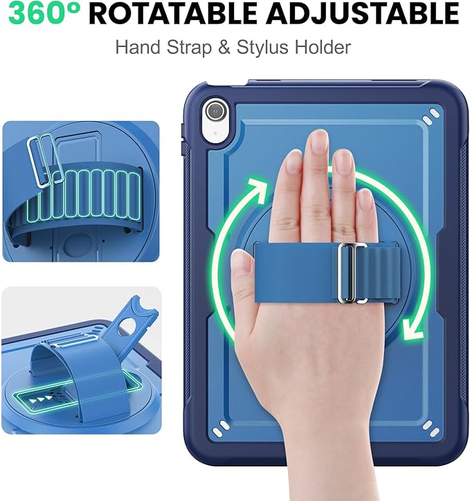 SEYMAC for iPad (A16) 11th/10th Generation Case 2025/2022 (11″/10.9″) Full-Body Shockproof Protective Case with Screen Protector Rotating Stand Hand/Shoulder Strap Navy Blue