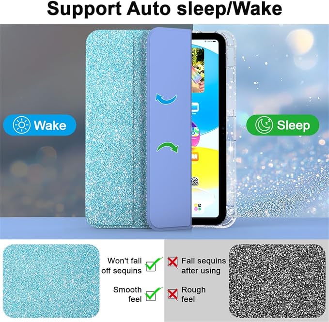 Case for iPad (A16) 11th Generation 11 inch 2025 &amp iPad 10th Generation 10.9 inch 2022 with Stand/Pencil Holder [Auto Wake/Sleep] Glitter Bling PU Leather &amp Clear Soft TPU Back Shell Blue