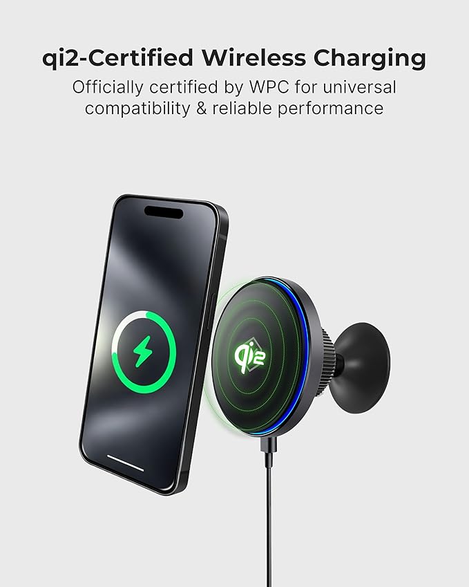 Mag Switch Qi2 Wireless Car Charger Small Dash Mount 15W Fast Charger with Built in on/off Switch for smarter charging Strong N52 Magnets Compatible with iPhone 14/15/16/17 Iphone Air