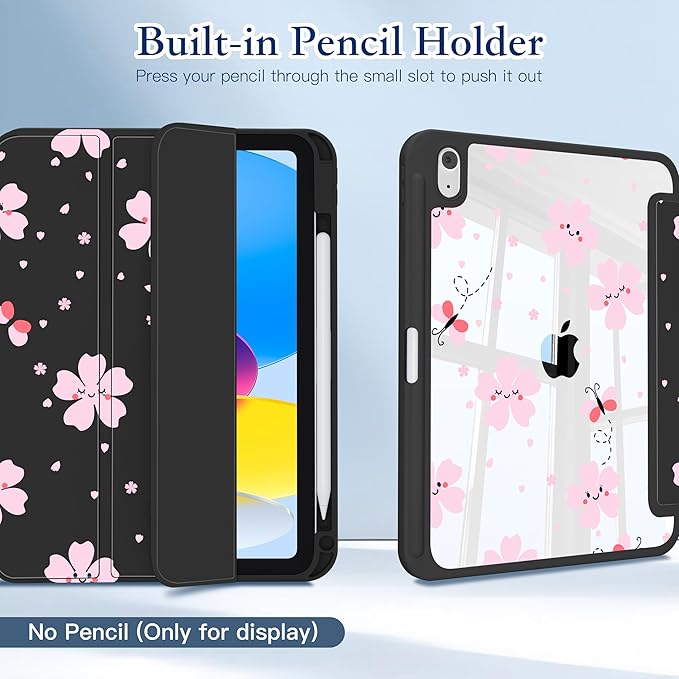 CISSOOK for iPad 11 inch (A16) 2025 11th Gen Case/iPad 10.9 inch 2022 10th Gen Built in Pencil Holder with Crystal Clear Back Cover with Auto Wake/Sleep Stand Function Cute Flower