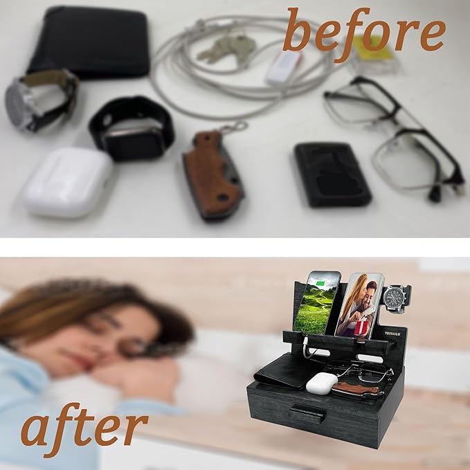 Gifts for Him Husband Boyfriend Son Men Nightstand Organizer Wood Phone Docking Station Birthday Gifts (Black)