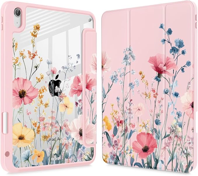 May Chen for iPad Air 11-inch M4/M3/M2 (2026/2025/2024) iPad Air 5th/4th 10.9 Inch - Shockproof Cover with Clear Back Shell &amp Penceil Holder Auto Wake/Sleep Stand Cover Wildflower