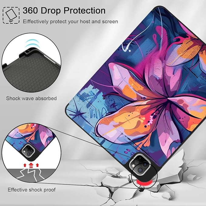 Mektron for iPad Pro M2 11-inch 4th/ 3rd/ 2nd/ 1st Gen Case 2022 2021 2020 2018 with Pencil Holder Tablet Cover with Soft TPU Back Cover for 11 inch iPad Pro Graffiti Flower