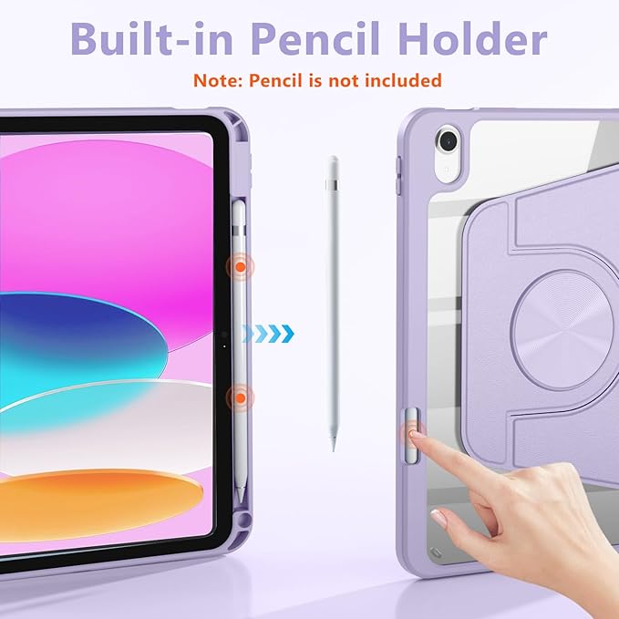 Wenlaty for iPad (A16) 11th Generation Case 11 Inch 2025 for iPad 10th Generation Case 10.9 Inch 2022 with Pencil Holder 360° Rotating Protective Stand Cover Detachable Magnetic Back Lavender