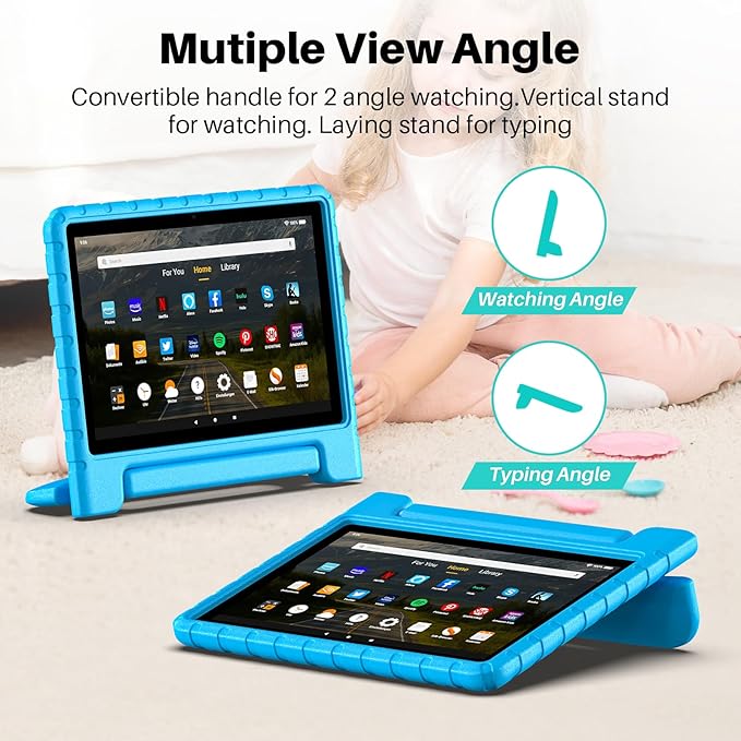 Kids Case for Kindle Fire HD 10 or 10 Plus 13th/11th Generation (2023/2021 Release) Shockproof Lightweight Protective Cover with Portable Handle Stand for Boys Girls Blue