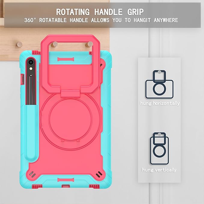 Case for Galaxy Tab S9 FE+/Tab S9+ 12.4 inch Rugged Armor Heavy Duty Hybrid Cover with Adjustable Stand and Handle for Tab S9 Plus 12.4 with Shoulder Strap and S Pen Holder (Teal/Pink)
