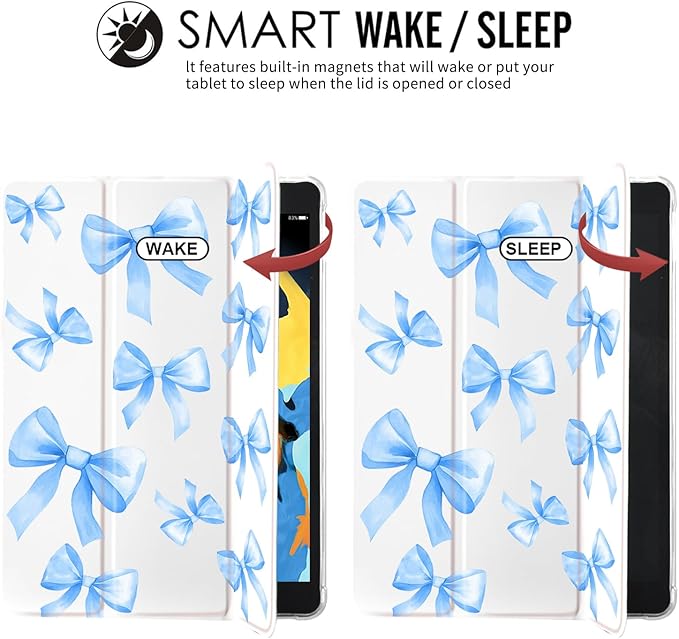 JOYLAND Light Blue Bow for iPad 7th/8th/9th Generation Case (2019/2020/2021) 10.2 inchWith Pencil Holder-Premium Shockproof Case with Soft TPU Back Cover &amp Auto Sleep/WakeWhite