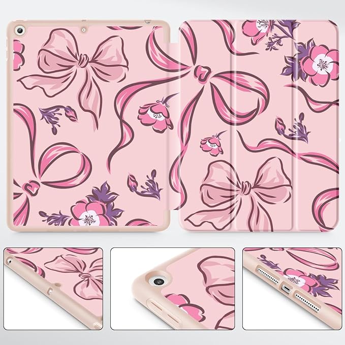 Mektron Designed Printed iPad 10.2 Case 9th Gen (2021)/ 8th Gen (2020)/ 7th Gen (2019) with Pencil Holder Slim Protective Case with Soft TPU Back for iPad 10.2 inch Flowers-Bows-Pink