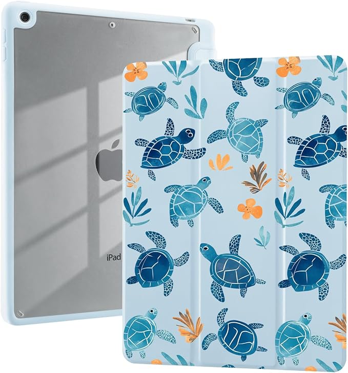 Sea Turtle Case for iPad 9th/7th/8th Generation(2021/2020/2019 10.2 Inch) with Pencil Holder Foldable Blue Leather Cartoon Animal Cover Clear Back Shell Auto Wake/Sleep
