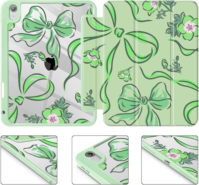 Mektron Case for 2026 iPad Air 13 inch M4 Cover Compatible 2025 iPad Air 13 inch M3 2024 iPad Air 13 inch M2 with Pencil Holder Shockproof Clear Shell Flowers-Bows-Green