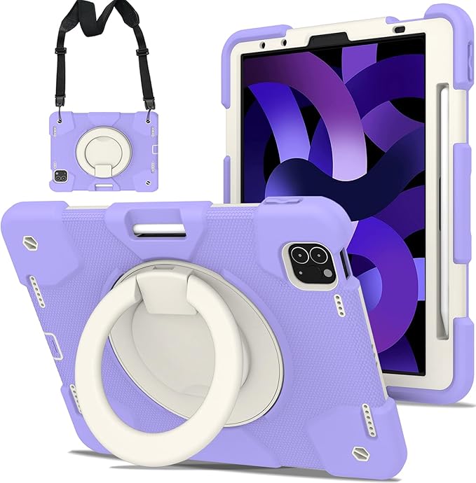SCSVPN for iPad Air 5th/4th Generation Case 10.9'' Protective Kids Case for iPad Pro 11 Inch 2022 2021 2020 2018(4th/3rd/2nd/1st gen) with Pencil Holder-Rotation Stand/Handle-Shoulder Strap Purple