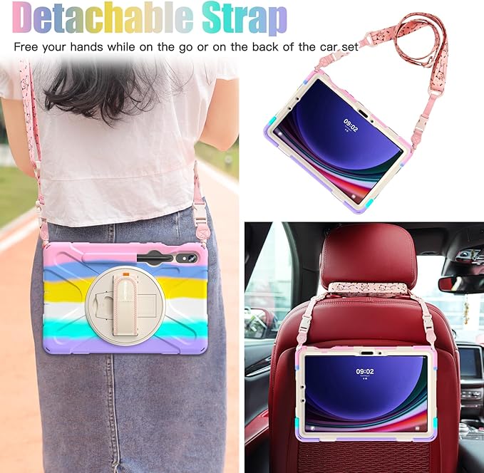 BRAECNstock Kids Case for Samsung Galaxy Tab S10 Lite/ S10 FE/ S9 FE/ S9/ S8/ S7 5G 10.9/ 11 Shockproof Protective Case with Pen Holder Rotating Hand Strap &amp Stand Shoulder Strap Colorful Pi