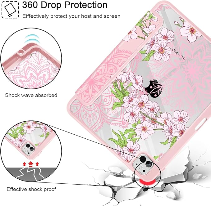 Mektron Case for M5/ M4 iPad Pro 11 inch 2025/2024 with Pencil Holder Compatible Models: A3357/A3358/A3359/A2836/A2837/A3006 Shockproof Cover Clear Shell Blossom Sakura-Pink