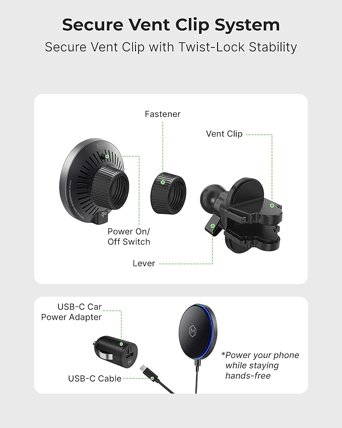 Mag Switch Qi2 Mag Safe Wireless Car Charger Air Vent Mount 15W Fast Charger with a built in on/off switch for charging Strong N52 Magnets Compatible with iPhone 14/15/16/17 Iphone Air