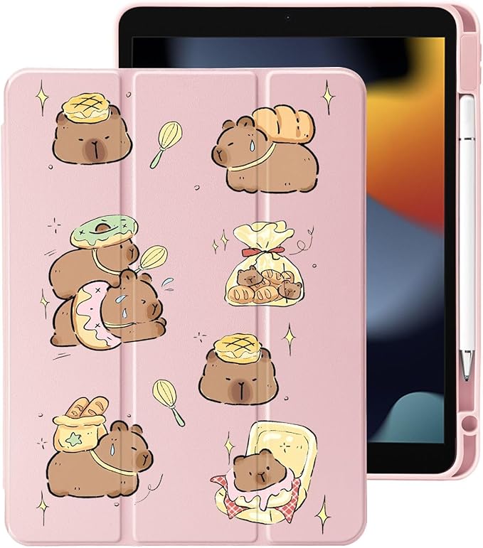 Cute Kawaii Capybara for iPad Air 11 Inch Case 7th/6th Generation (M3/M2) 2025/2024 with Pencil Holder Auto Sleep/Wake Pink Leather Clear Acrylic Back Cover