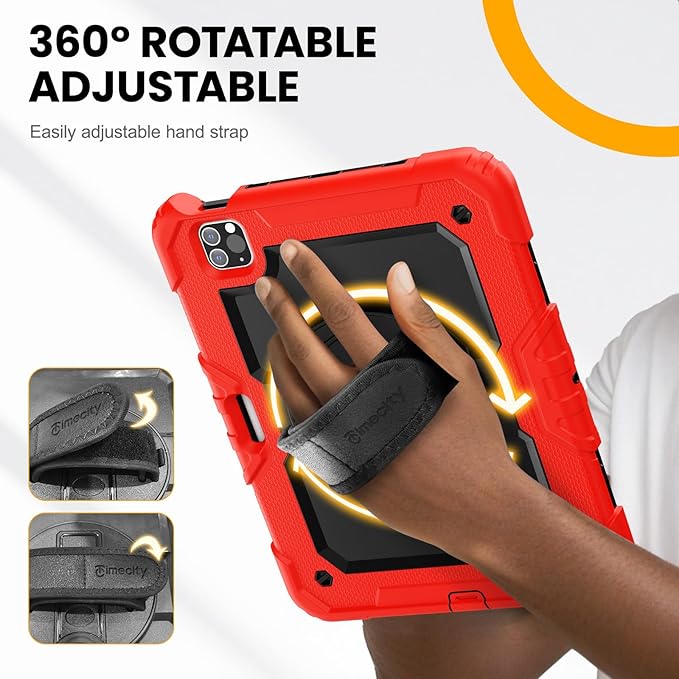 Timecity Case for iPad Pro 11 inch 4th/3rd/2nd/1st Generation 2022/2021/2020/2018 Heavy Duty Protective Case with Screen Protector Swivel Stand Hand/Shoulder StrapPencil Holder Case- Red