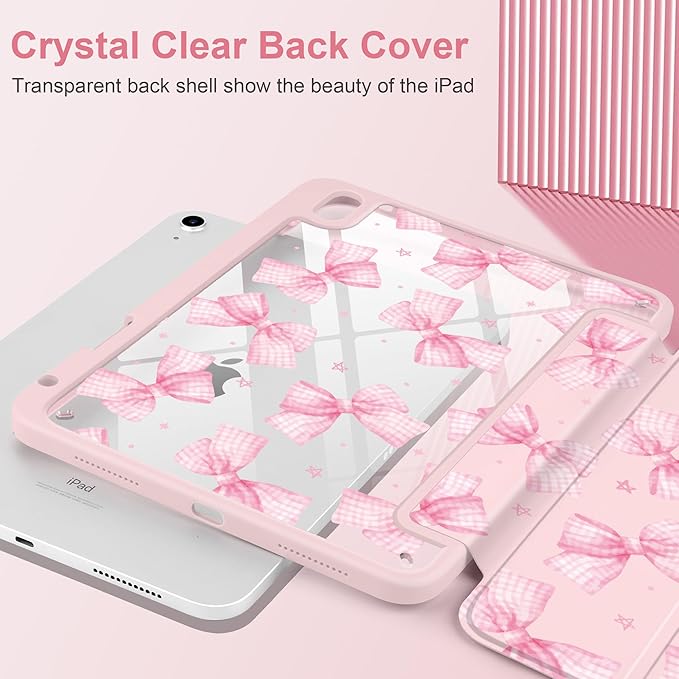 DONGKE Case for iPad (A16) 11th Generation 11 inch 2025 &amp iPad 10th Gen 10.9 inch 2022 [Built-in Pencil Holder] Clear Acrylic Back Trifold Stand Smart Cover Auto Sleep/Wake Gingham Bows