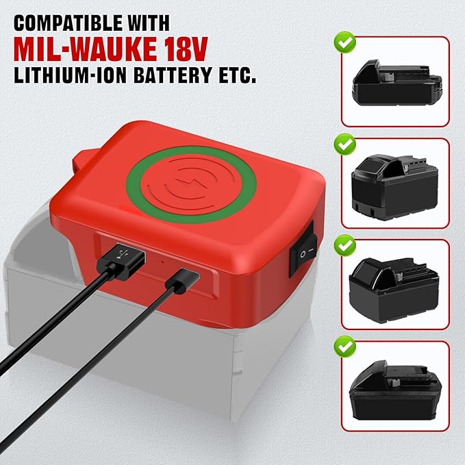 Wireless Charger for Milwaukee M-18 18V Battery15W Max Wireless Charging Adapterwith USB-A&ampUSB-C 2.1A Fast Charge PortsCell Phone Chargers Using Tool Battery