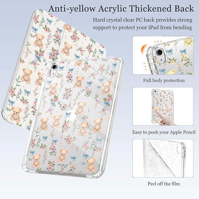Cute Kawaii Bear Flower for iPad 7th/8th/9th Generation Case 10.2 Inch 2019/2020/2021 with Pencil Holder Auto Sleep/Wake White Leather Acrylic Back Detachable Cover