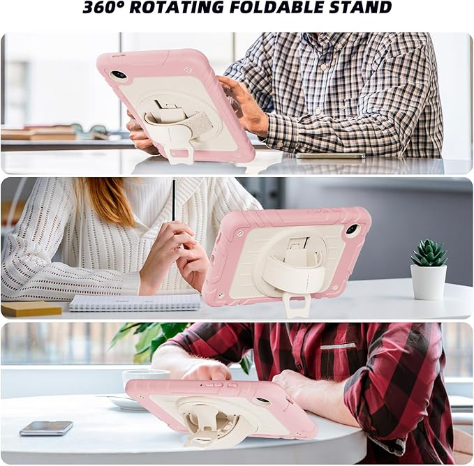 Case for Samsung Galaxy Tab A9 Case 8.7 Inch 2023 with 360 Rotating Hand Strap &amp Shoulder StrapProtective Case for Galaxy Tab A9 8.7 Tablet SM-X110/X115/X117 (Pink+White)