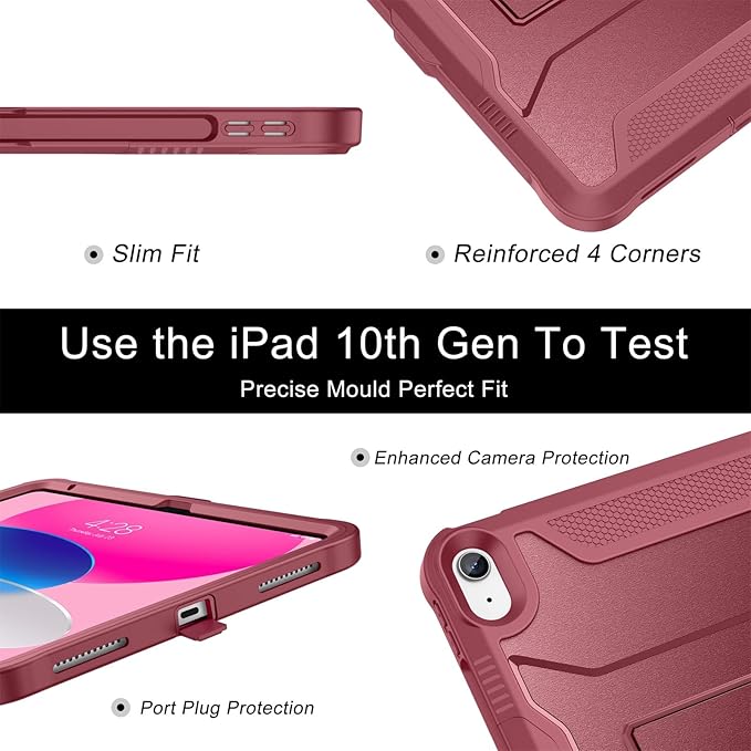 Soke Case for iPad (A16) 11th Generation 11-inch 2025 iPad 10th Generation 10.9-inch 2022 with Built-in Screen Protector and Kickstand Rugged Full Body Protective Cover - Dark Red
