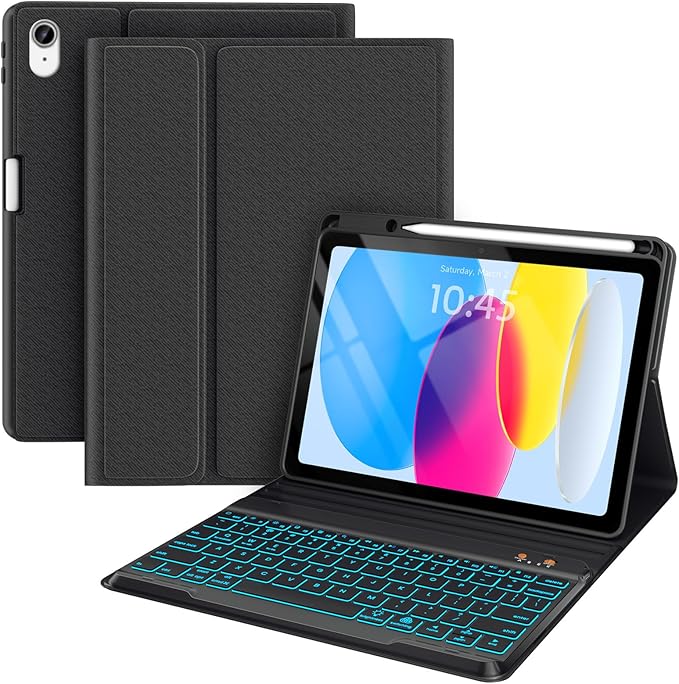 BLUTLOTUS for iPad 11th A16 10th Generation Case with Keyboard - 7 Colors Backlit Wireless Detachable Folio Keyboard Cover with Pencil Holder for iPad 11'' A16 2025 10th Gen 10.9 Inch 2022 (Black)