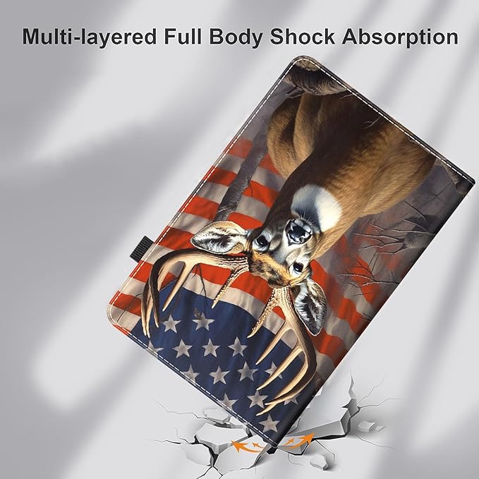 Case for All-New Amazon Kindle Fire HD 10 Tablet (13th/11th Generation 2023/2021 Release) and Fire HD 10 PlusSlim Fit Foldable Standing Cover Case with Auto Sleep/WakeAmerican Flag Deer