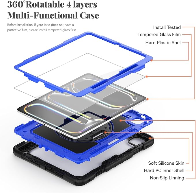 BLOSOMEET Protective Case for iPad Pro 13 Inch M4 with Tempered Glass Screen Protector &amp Pencil HolderBlue Fashionable Cover for 2024 iPad Pro 13 with Stand Hand Strap Shoulder Strap
