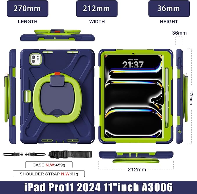TSQQST Case for iPad Pro 11 Inch M5 2025/ M4 2024 Heavy Duty Rugged Shockproof Proective Case with Screen Protector Shoulder Strap Pencil Holder 360° Rotating Handle Stand Navyblue Lime