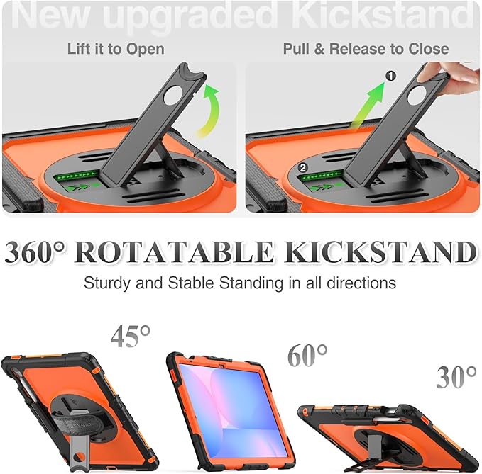 SEYMAC stock Case for Samsung Galaxy Tab S10 FE+ Plus 5G Tablet Case 13.1'' Protective with Screen Protector Pen Holder 360 Rotate Stand Hand Strap Shoulder Strap BlackOrange
