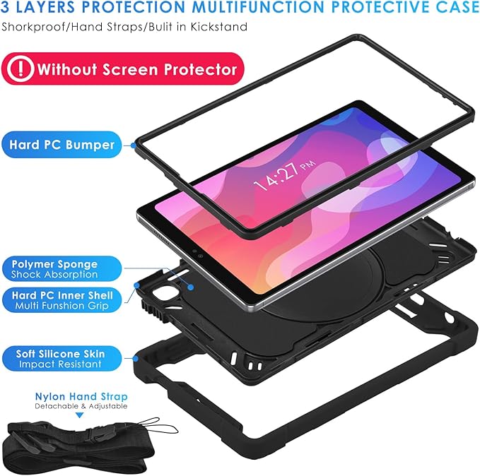 DETUOSI Case for Samsung Tab A7 Lite 8.7 inch 2021 Release SM-T220/T225/T227u Shockproof Protective Cover for Galaxy Tab A7 Lite 8.7 inch (360°Rotatable Stand &amp Shoulder Strap) Black