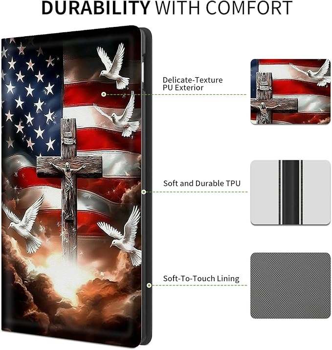 FUYOCWE for Fire HD 10 Tablet Case (13th Generation2023 Release10.1) PU Leather Multi-Angle Folding Stand Smart Flip Cover for Amazon Kindle Fire HD 10 13th Gen-American Flag with Cross Dove