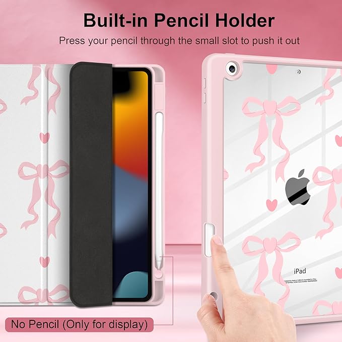 MEEgoodo Case for iPad 10.2 inchTablet Cases for iPad 9th Generation 2021/8th Gen 2020/7th Gen 2019 with Clear Acrylic Back Shell+Pencil Holder+Auto Wake/Sleep+Trifold StandTrendy Bow &amp Hearts