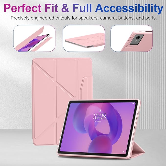Case for Lenovo Idea Tab Plus 12.1 Inch – Multi-Angle Stand PU Leather Soft Cover with Hidden Pencil HolderSlim Lightweight Back Protective Folio Case ShockproofAnti-Scratch[Pink]