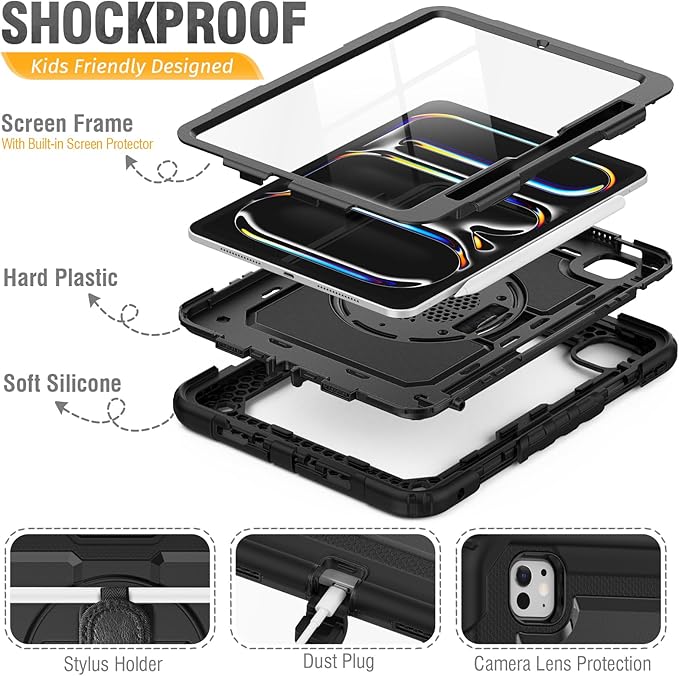 HXCASEAC for iPad Pro 11 Inch Case (M5/M4) 2025/2024 Shockproof Design with Pencil Holder Protector Rotating Stand Hand Strap Heavy Duty Protective iPad Pro11 6th/5th Generation Cover Black