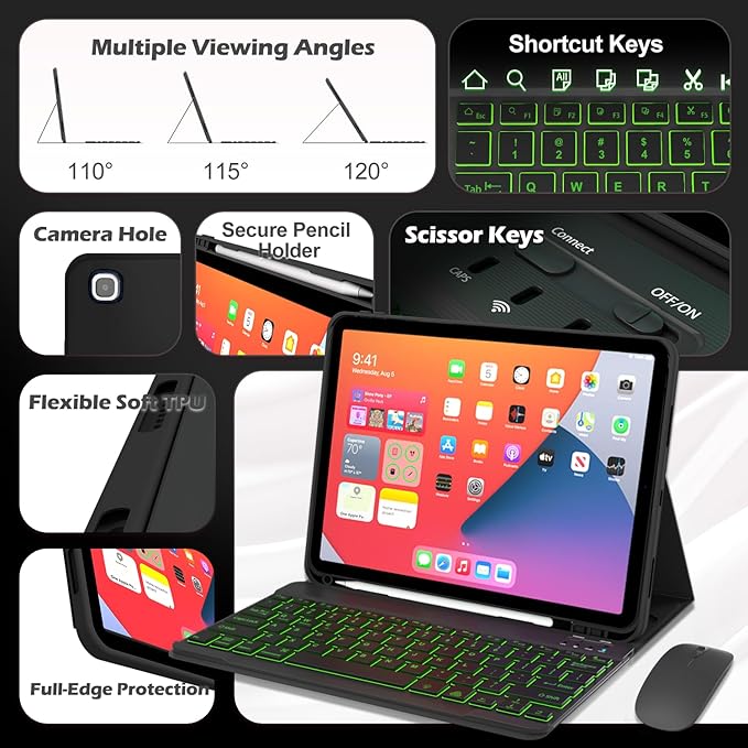 Keyboard Case for Samsung Galaxy Tab S6 Lite 10.4 Inch Mouse and 7 Colors Backlit Detachable Keyboard Adjustable Stand Built in S Pen Holder Auto-Sleep/Wake Feature Black