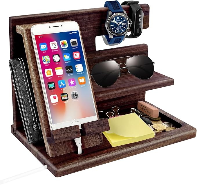 Gifts for Men Christmas Wood Phone Docking Station Mens Gifts for Birthday or Gifts for Dad Fathers Day Desk Workspace Organizer Nightstand Organizer Key for Wallet &amp Watch Holder Husband Chris
